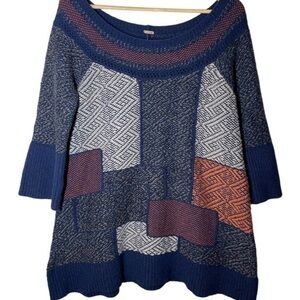 Free People Patchwork Tunic Sweater Blue Medium